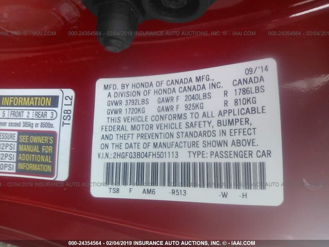 2HGFG3B04FH501113 - 2015 HONDA CIVIC EXL RED photo 9