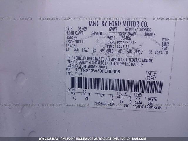 1FTRX12W59FB46396 - 2009 FORD F150 SUPER CAB WHITE photo 9