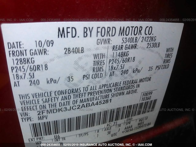 2FMDK3JC2ABA45281 - 2010 FORD EDGE SEL RED photo 9