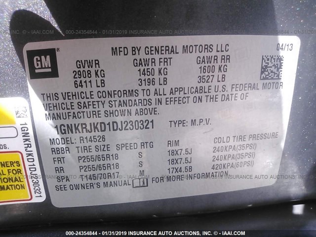 1GNKRJKD1DJ230321 - 2013 CHEVROLET TRAVERSE LT GRAY photo 9