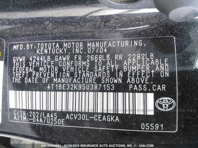 4T1BE32K95U387153 - 2005 TOYOTA CAMRY LE/XLE/SE BLACK photo 9