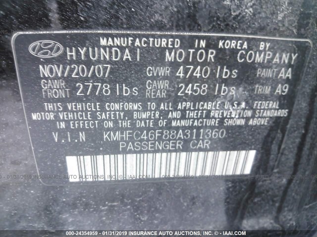 KMHFC46F88A311360 - 2008 HYUNDAI AZERA SE/LIMITED BLACK photo 9