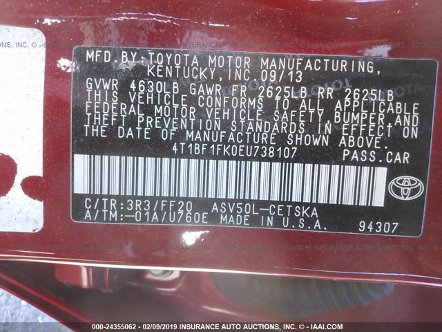 4T1BF1FK0EU738107 - 2014 TOYOTA CAMRY L/SE/LE/XLE 红色 照片 9