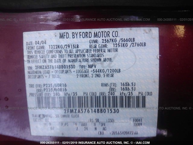 2FMZA57614BB01530 - 2004 FORD FREESTAR SES RED photo 9
