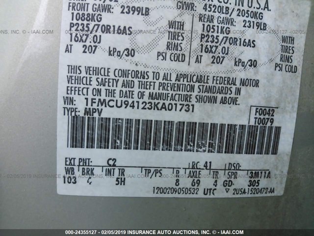 1FMCU94123KA01731 - 2003 FORD ESCAPE LIMITED GRAY photo 9