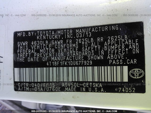 4T1BF1FK1DU677929 - 2013 TOYOTA CAMRY L/SE/LE/XLE 白色 照片 9