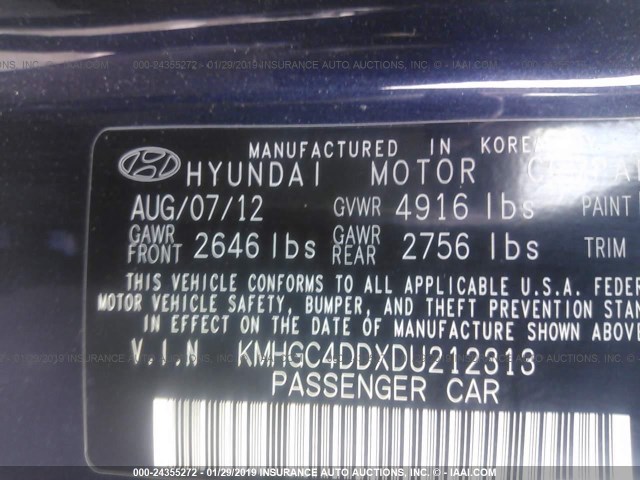 KMHGC4DDXDU212313 - 2013 HYUNDAI GENESIS 3.8L BLUE photo 9