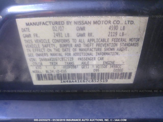 1N4BA41E67C852519 - 2007 NISSAN MAXIMA SE/SL GRAY photo 9