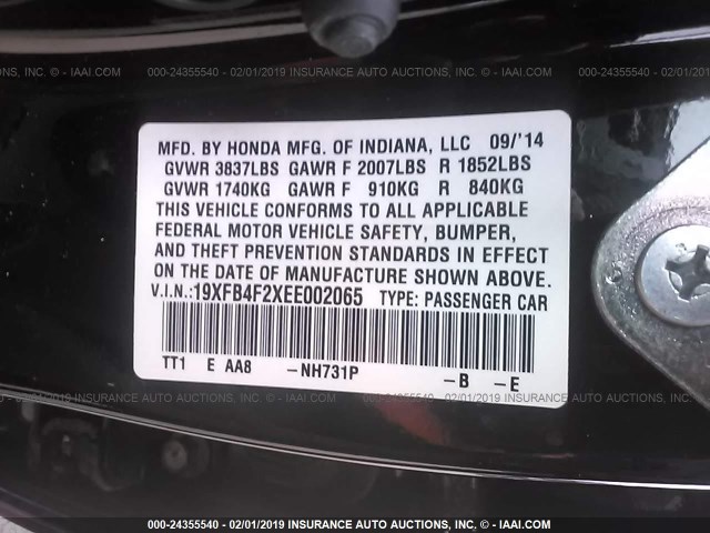 19XFB4F2XEE002065 - 2014 HONDA CIVIC HYBRID BLACK photo 9