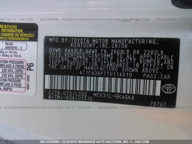 4T1FA38P77U114019 - 2007 TOYOTA CAMRY SOLARA SE/SLE Champagne photo 9