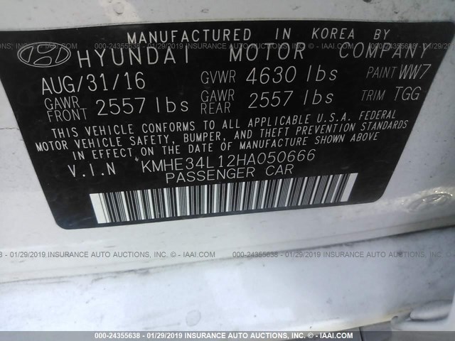 KMHE34L12HA050666 - 2017 HYUNDAI SONATA HYBRID/LIMITED WHITE photo 9