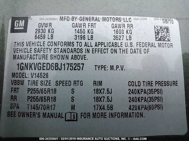 1GNKVGED6BJ175257 - 2011 CHEVROLET TRAVERSE LT GRAY photo 9