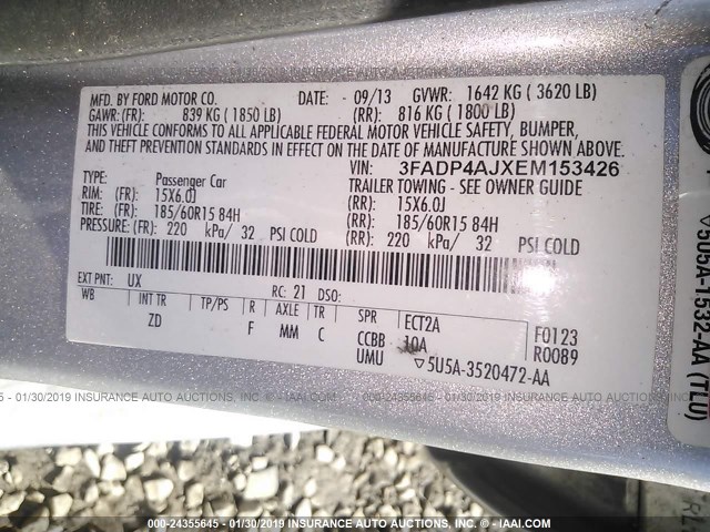 3FADP4AJXEM153426 - 2014 FORD FIESTA S SILVER photo 9