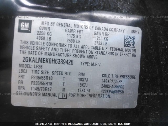 2GKALMEK0H6339426 - 2017 GMC TERRAIN SLE BLACK photo 9