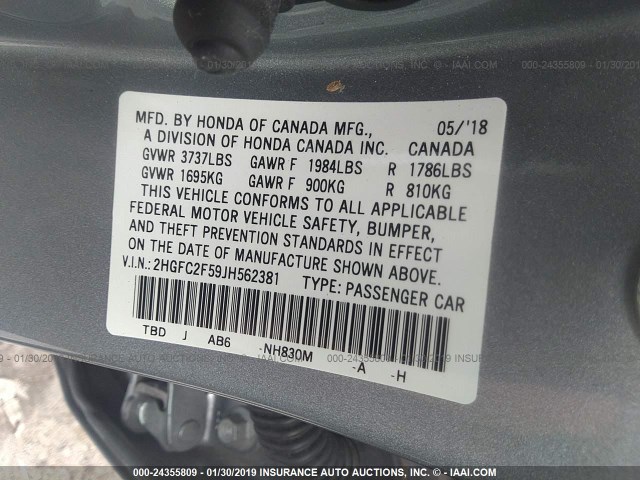 2HGFC2F59JH562381 - 2018 HONDA CIVIC LX Boz foto 9