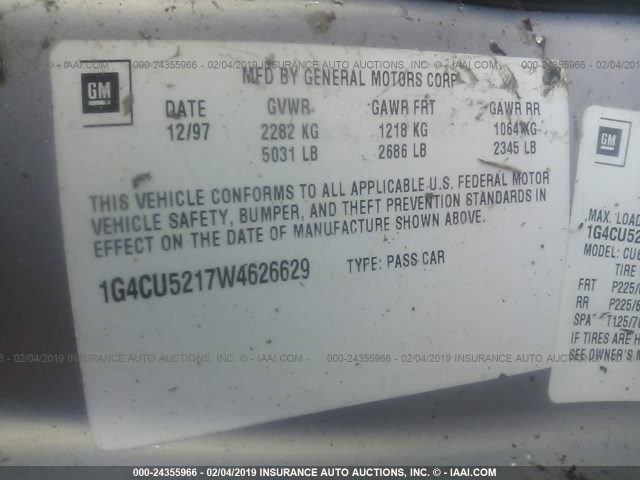 1G4CU5217W4626629 - 1998 BUICK PARK AVENUE ULTRA SILVER photo 9