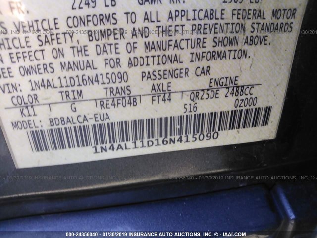 1N4AL11D16N415090 - 2006 NISSAN ALTIMA S/SL GRAY photo 9