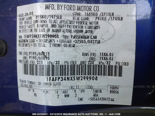 1FAFP34NX5W299908 - 2005 FORD FOCUS ZX4 BLUE photo 9