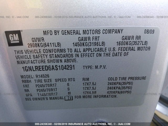 1GNLREED6AS104291 - 2010 CHEVROLET TRAVERSE LS SILVER photo 9
