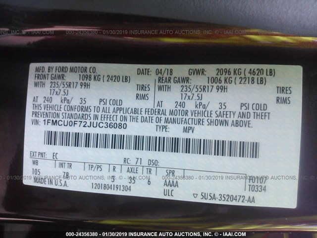 1FMCU0F72JUC36080 - 2018 FORD ESCAPE S MAROON photo 9