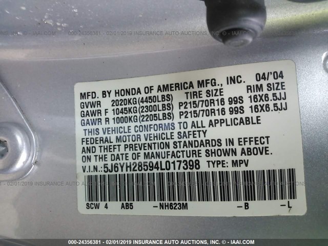 5J6YH28594L017398 - 2004 HONDA ELEMENT EX SILVER photo 9