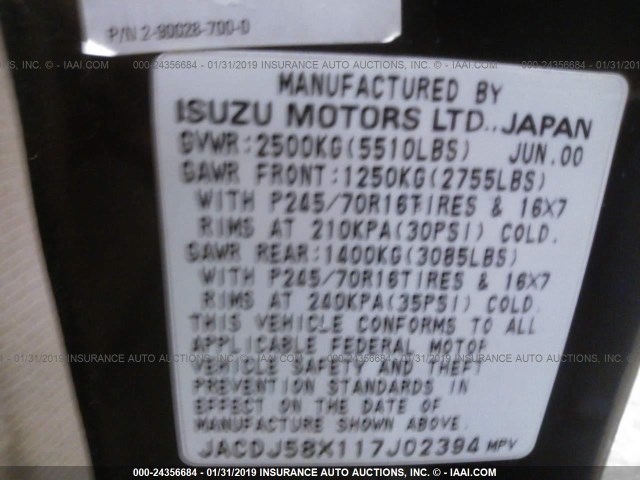 JACDJ58X117J02394 - 2001 ISUZU TROOPER S/LS/LIMITED 黑色 照片 9