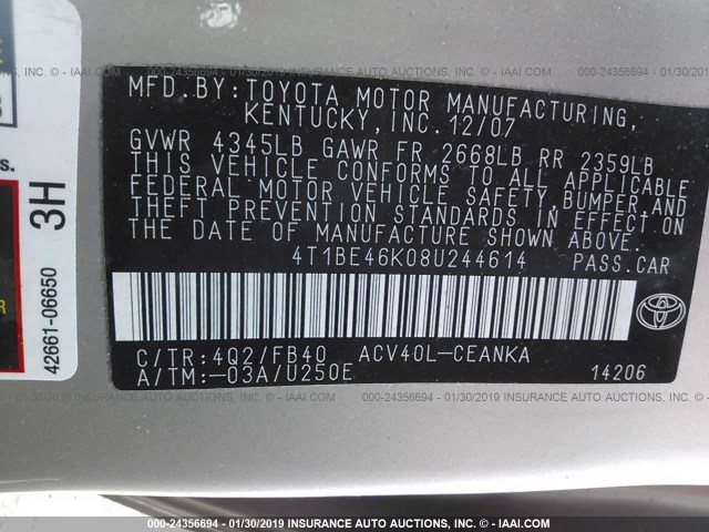 4T1BE46K08U244614 - 2008 TOYOTA CAMRY CE/LE/XLE/SE BEIGE photo 9