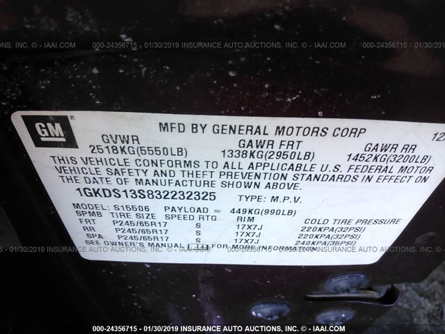 1GKDS13S832232325 - 2003 GMC ENVOY MAROON photo 9