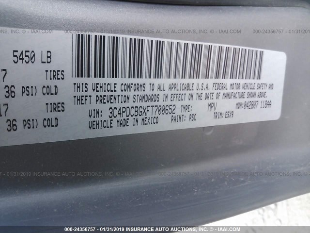 3C4PDCBGXFT700652 - 2015 DODGE JOURNEY SXT GRAY photo 9