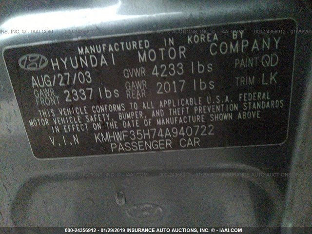 KMHWF35H74A940722 - 2004 HYUNDAI SONATA GLS/LX GRAY photo 9