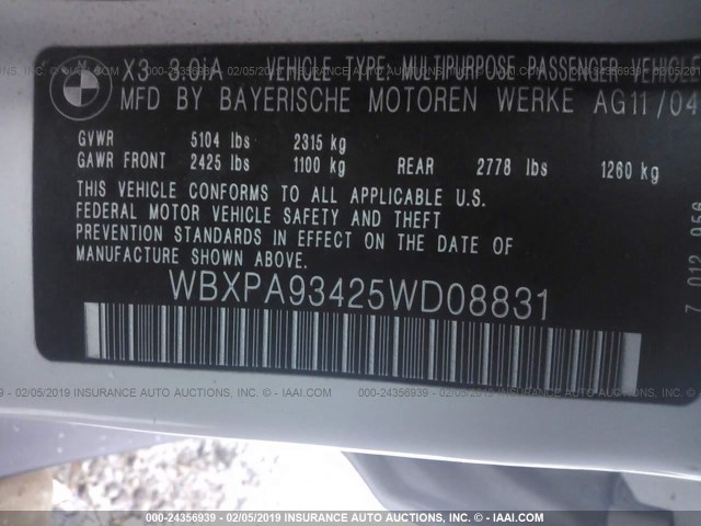 WBXPA93425WD08831 - 2005 BMW X3 3.0I WHITE photo 9