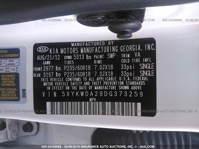 5XYKWDA29DG373259 - 2013 KIA SORENTO SX WHITE photo 9