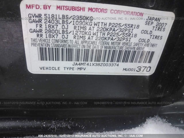 JA4MT41X38Z003374 - 2008 MITSUBISHI OUTLANDER XLS BLACK photo 9