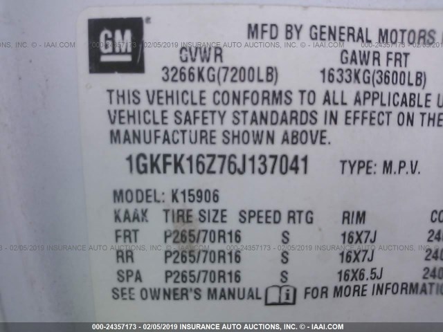 1GKFK16Z76J137041 - 2006 GMC YUKON XL K1500 WHITE photo 9