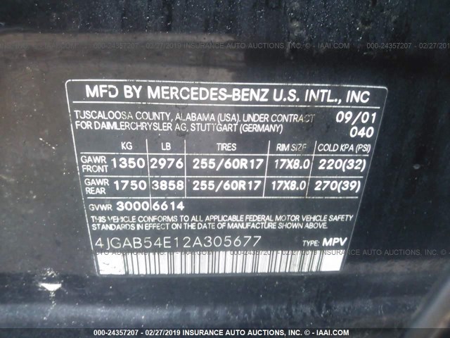 4JGAB54E12A305677 - 2002 MERCEDES-BENZ ML 320 BLACK photo 9