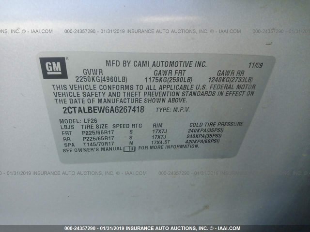 2CTALBEW6A6267418 - 2010 GMC TERRAIN SLE SILVER photo 9