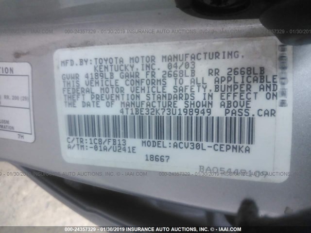 4T1BE32K73U198949 - 2003 TOYOTA CAMRY LE/XLE/SE SILVER photo 9