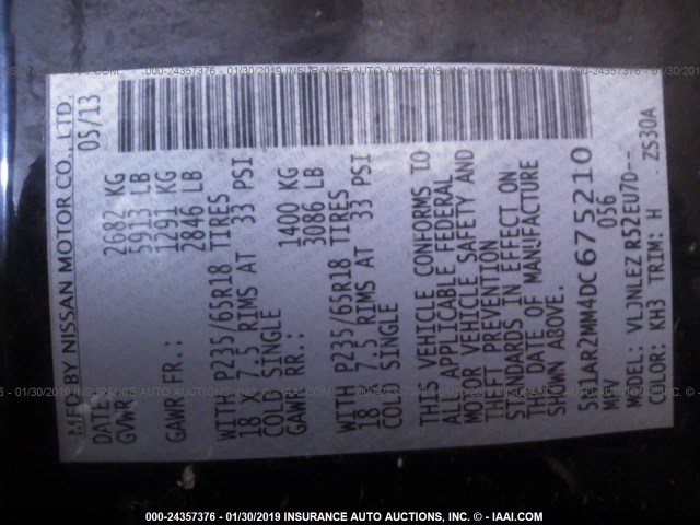 5N1AR2MM4DC675210 - 2013 NISSAN PATHFINDER S/SV/SL/PLATINUM BLACK photo 9