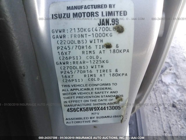 4S6CK58W9X4413005 - 1999 HONDA PASSPORT EX/LX 银色 照片 9