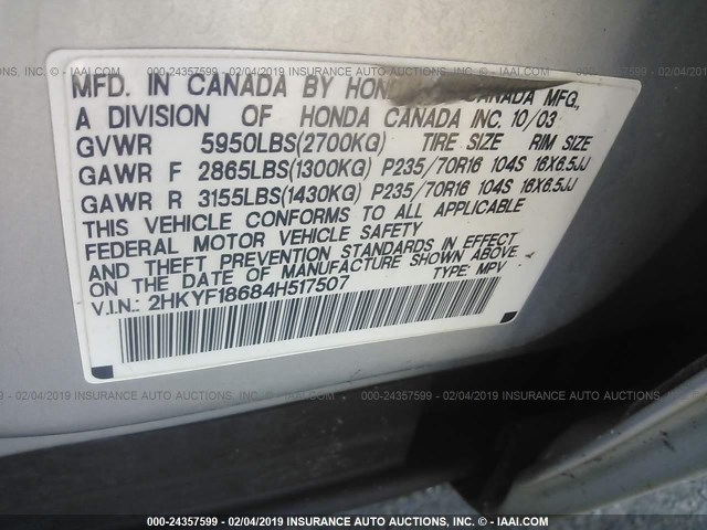 2HKYF18684H517507 - 2004 HONDA PILOT EXL SILVER photo 9