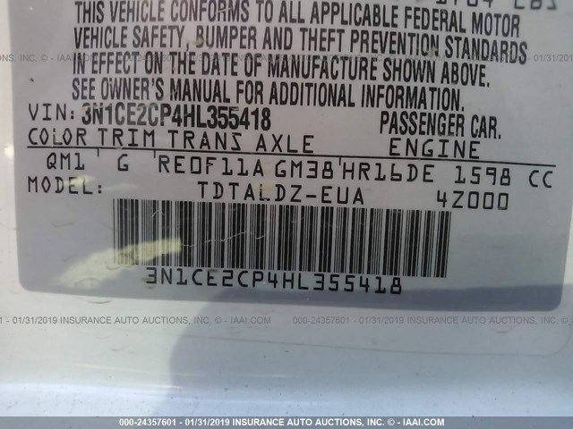 3N1CE2CP4HL355418 - 2017 NISSAN VERSA NOTE S/S PLUS/SV/SL/SR WHITE photo 9