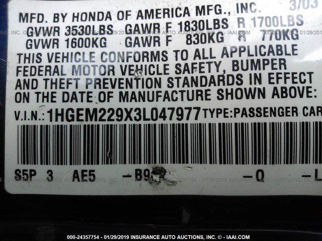 1HGEM229X3L047977 - 2003 HONDA CIVIC EX BLUE photo 9