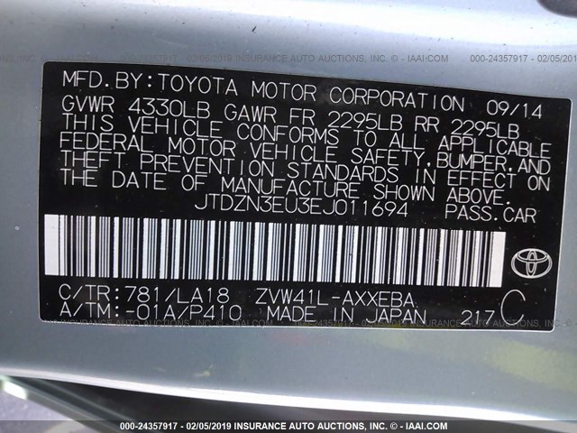 JTDZN3EU3EJ011694 - 2014 TOYOTA PRIUS V Light Blue photo 9