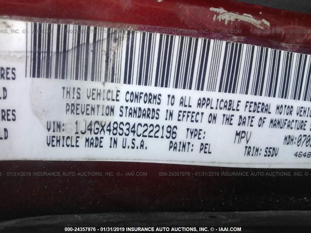 1J4GX48S34C222196 - 2004 JEEP GRAND CHEROKEE LAREDO/COLUMBIA/FREEDOM 红色 照片 9