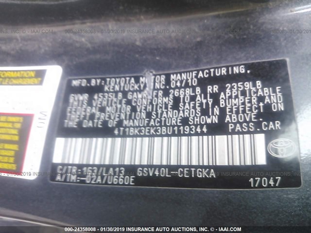 4T1BK3EK3BU119344 - 2011 TOYOTA CAMRY SE/LE/XLE GRAY photo 9