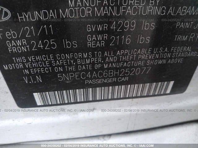 5NPEC4AC6BH252077 - 2011 HYUNDAI SONATA SE/LIMITED WHITE photo 9