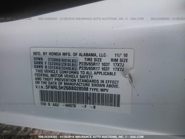 5FNRL5H26BB028598 - 2011 HONDA ODYSSEY LX WHITE photo 9