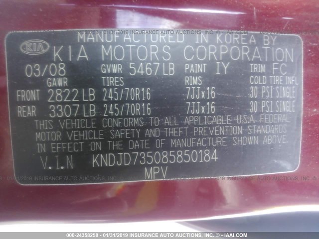 KNDJD735085850184 - 2008 KIA SORENTO EX/LX RED photo 9