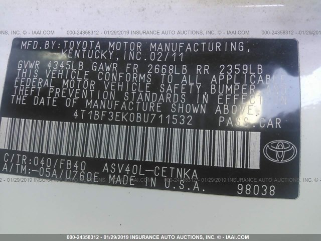 4T1BF3EK0BU711532 - 2011 TOYOTA CAMRY SE/LE/XLE WHITE photo 9