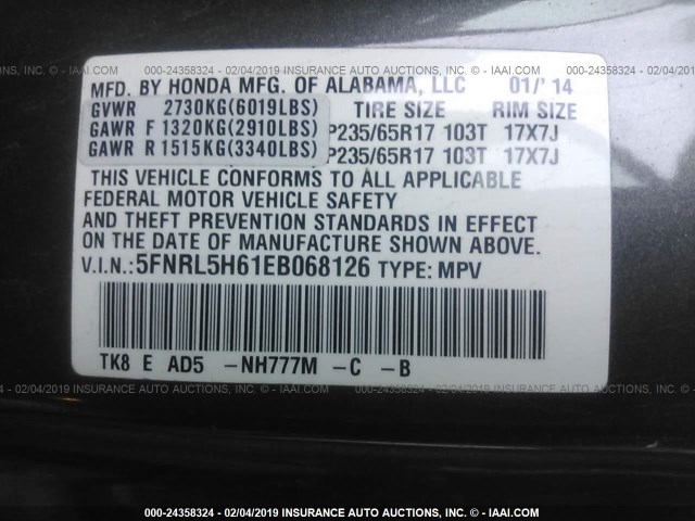 5FNRL5H61EB068126 - 2014 HONDA ODYSSEY EXL GRAY photo 9